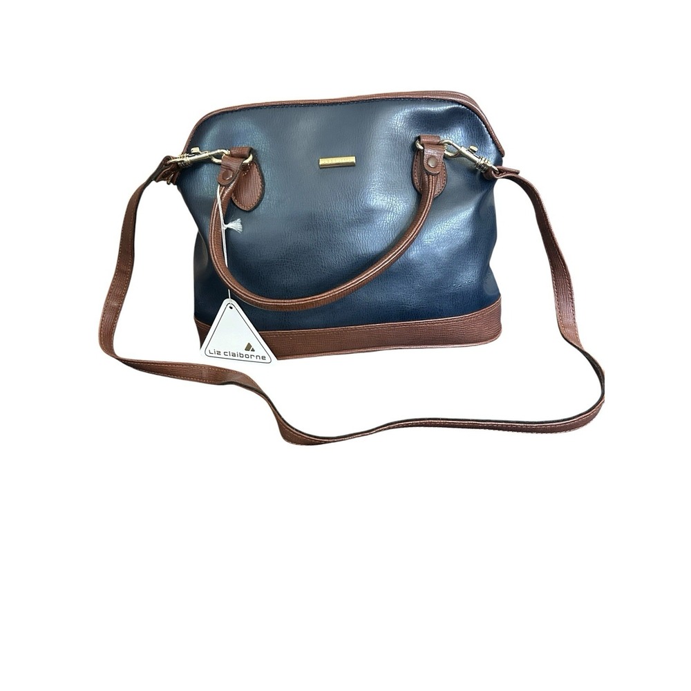 Vintage Liz Claiborne Navy Blue & Brown Trim Dome Satchel Crossbody Bag NWT